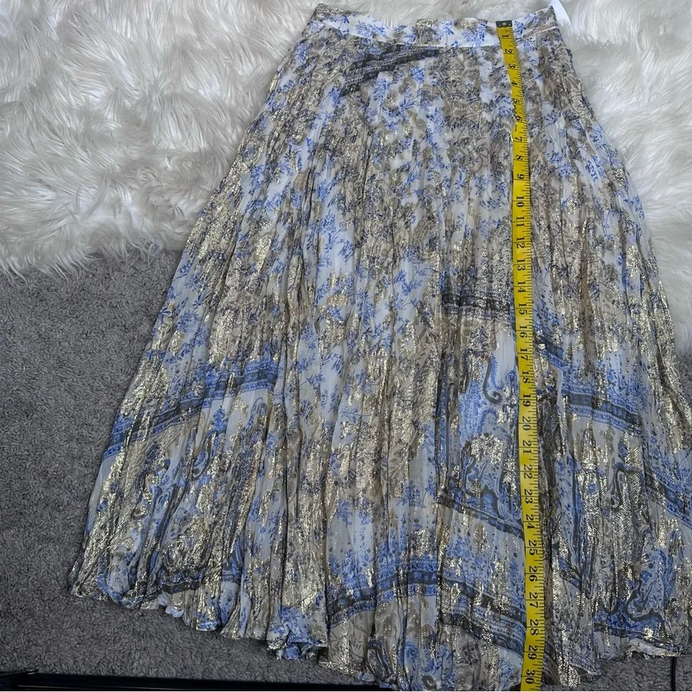 Soft Surroundings silk blend blue paisley metalic gold Pleated‎ Midi Skirt NWOT